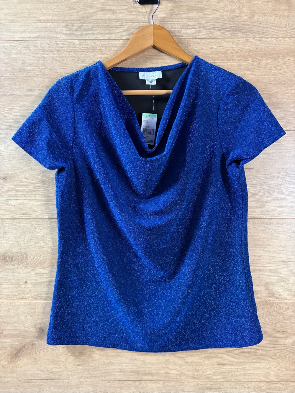 Jaclyn Smith Metallic Blue Cowl Neck Short Sleeve Party Top - Medium